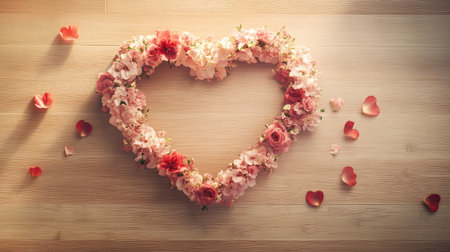 Heart-shaped wreath of flowers on light wooden surface, space in center for romantic messagesの素材