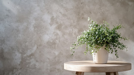 Green plant on a round wooden coffee table with copy space on textured concrete wallの素材