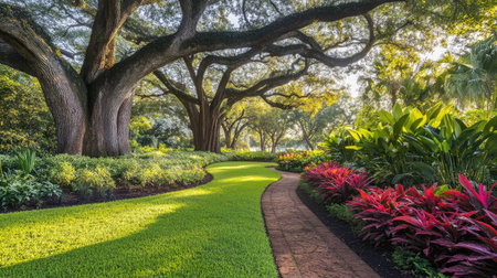 Lush garden with large trees creating a shaded spot, vibrant plants surrounding the area, offering ample space for text or graphic design elementsの素材
