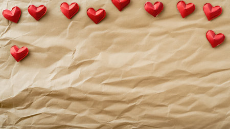 Kraft paper background with small heart stickers scattered, cozy handmade feeling and copy spaceの素材