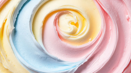 Pastel rainbow swirl background in candy tones like pink, yellow, and baby blue with center copy spaceの素材