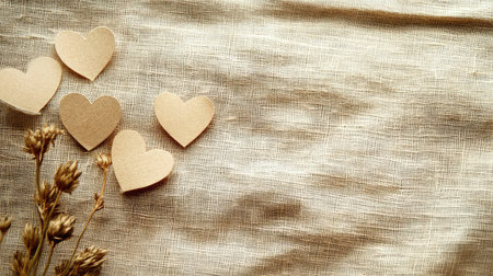 Background with delicate dried flowers and paper heart cutouts on beige fabric, soft love aesthetic with copy spaceの素材