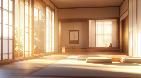 A minimalist, contemporary bedroom with Asian-style wooden accents, neutral decor, and soft lighting, offering plenty of space for overlay text or graphic designsの素材