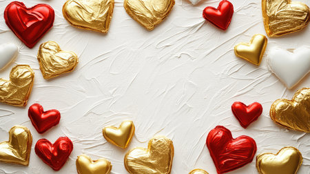 Pattern of gold and red hearts on soft white texture background, space in center for messagesの素材