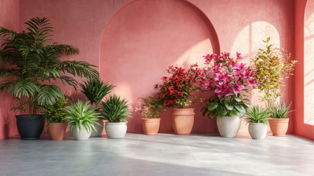 Indoor garden concept with multiple potted houseplants and clean wall with copy spaceの素材