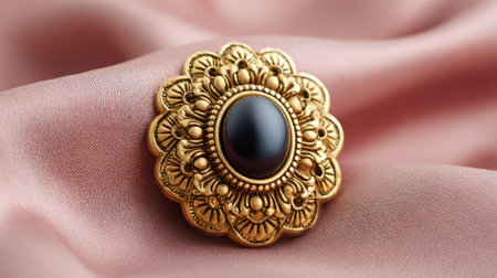 This stunning vintage brooch features an intricate floral design set with a black gemstone, resting gracefully on soft satin fabric, exemplifying elegance and craftsmanship.の素材