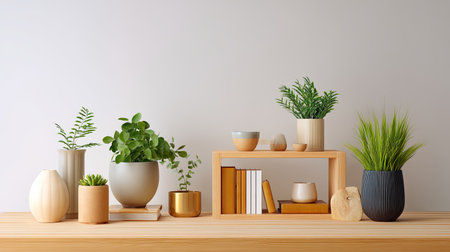 A stylish arrangement of indoor plants and decorative items on a wooden shelf enhances home decor. This modern setup promotes a fresh and tranquil atmosphere.の素材