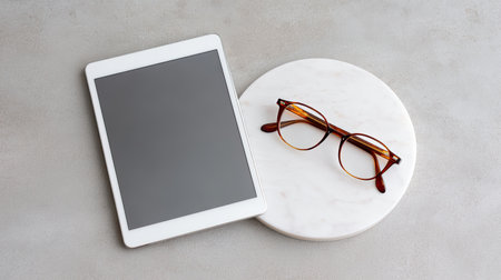 A sleek modern tablet rests on a round marble surface next to trendy glasses, creating a stylish and minimalistic workspace aesthetic perfect for relaxation or productivity.の素材
