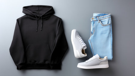 A stylish casual outfit displayed on a gray background featuring a black hoodie, light blue jeans, and white sneakers, perfect for everyday wear.の素材