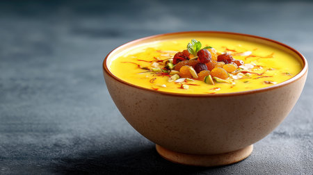 A beautifully presented creamy yellow soup garnished with almonds, raisins, and fresh mint, set in a rustic bowl against a dark background. Perfect for culinary inspiration.の素材