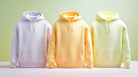Display of three soft pastel hoodies in lavender, yellow, and light green against a minimal background. Ideal for fashion and lifestyle themes.の素材