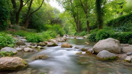 A tranquil stream flows gently through a lush green forest, adorned with vibrant foliage and smooth stones, offering a peaceful outdoor scene perfect for relaxation and nature lovers.の素材