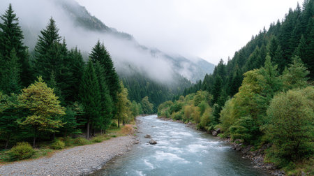 This stunning image captures a tranquil river meandering through a lush, green forest, framed by misty mountains under a cloudy sky, embodying serene natural beauty.の素材