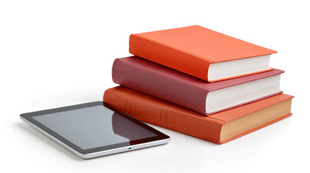 A vibrant collection of colorful books stacked beside a sleek digital tablet, symbolizing the harmony between traditional reading materials and modern technology.の素材