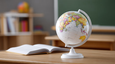 A vibrant globe sitting atop a desk, paired with a textbook in the background, perfect for promoting an educational environment and highlighting geography lessons.の素材