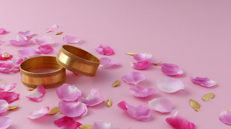 This image features two elegant gold bangles nestled among delicate pink and white petals, set against a soft pink background. Perfect for celebrating love and beauty.の素材