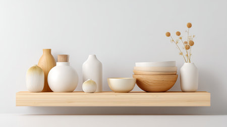 A stunning arrangement of modern ceramics and charming decorative items on a wooden shelf. This minimalist display showcases elegance with neutral tones and shapes.の素材