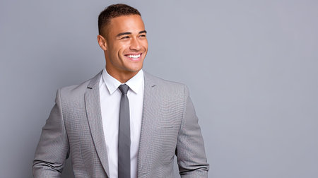 A smiling businessman dressed in a grey suit stands against a neutral background. His confident expression and professional attire convey success and positivity in a corporate setting.の素材