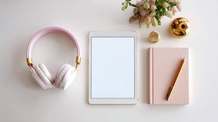 A serene and modern workspace featuring a tablet, stylish headphones, a neatly arranged notebook, a pen, and fresh flowers, ideal for boosting productivity and creativity.の素材