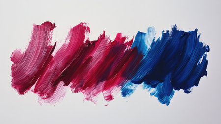 Abstract brush strokes of red and blue paint on white paper, showing the process of creative work with ample space for branding or messagesの素材