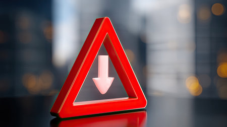 A striking red triangular warning sign features a downward arrow, ideal for conveying caution or alertness in various contexts. The soft blurred background enhances focus.の素材