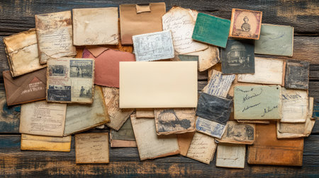 A collection of old postcards and tickets, scattered across a wooden table, with an empty space to add a personal memory or photoの素材