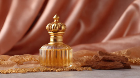 A stunning glass perfume bottle with a decorative gold crown lid placed on soft fabric and wood pieces, creating an elegant and luxurious atmosphere.の素材