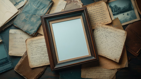 An empty photo frame on a desk, surrounded by a stack of old letters and postcards, symbolizing treasured memories with space for personal imagesの素材