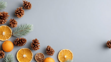 A charming arrangement showcasing fresh oranges, slices, pine cones, and evergreen sprigs against a soft gray background, perfect for winter and holiday aesthetics.の素材