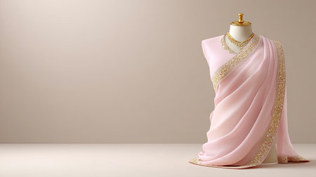 This image features an elegant pink saree beautifully draped on a mannequin, adorned with intricate golden embroidery. The soft fabric, paired with matching jewelry, highlights traditional craftsmanship and modern aesthetics, perfect for showcasing cultural richness in fashion.の素材