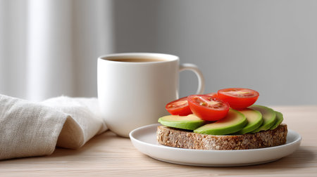 Enjoy a fresh and vibrant avocado toast topped with cherry tomatoes alongside a steaming cup of coffee, perfect for a healthy breakfast or snack moment.の素材
