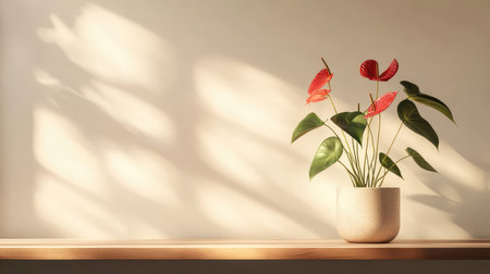 Anthurium plant in ceramic pot on minimalist shelf with clear wall space, perfect for design layoutの素材