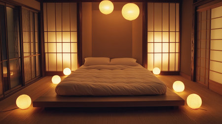 A contemporary bedroom with Asian-inspired decor, wooden accents, and soft lighting, providing ample space for creative overlay text or design elementsの素材
