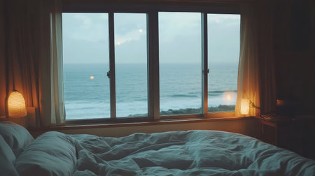 A minimalist bedroom with a large window showcasing the ocean, soft lighting, and simple decor, offering plenty of room for creative text or graphic elementsの素材