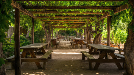 A shaded outdoor seating area with soft green plants and trees providing cool shade, leaving ample space in the middle for design or textの素材
