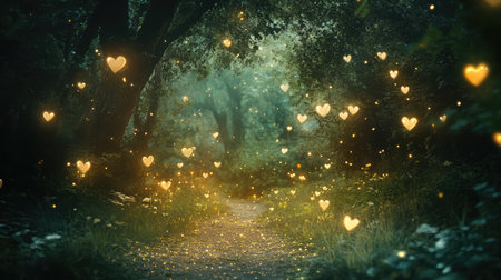 A mystical forest illuminated with soft glowing hearts and fireflies, creating a romantic and fantasy-inspired background with ample space for copyの素材