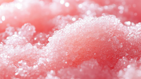 Close-up background of pink sugar candy crystals with sparkle and dreamy lighting, central empty spaceの素材