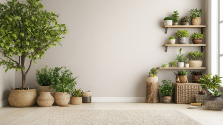 Cafe corner filled with plants in various pots and ample space on soft neutral wallの素材