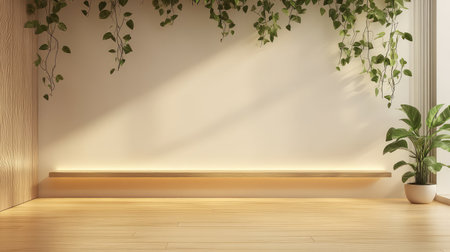 Decorative pothos plant on hanging shelf with light wall and design-friendly empty areaの素材