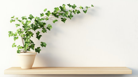 English ivy climbing from pot on shelf, minimalist interior with large blank spaceの素材