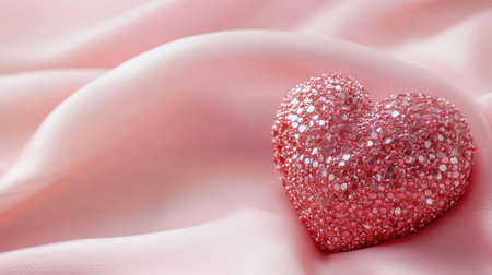 Shiny heart ornament on pink silk background with minimalist mood and empty space for textの素材
