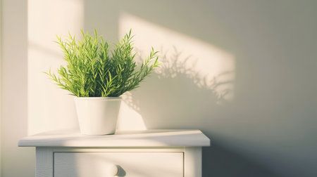 Small green plant on top of white drawer with natural light and minimalist wallの素材