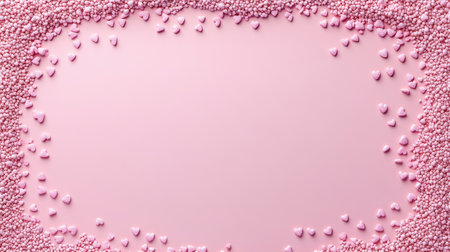 Pink icing sugar background with tiny heart sprinkles forming a border and space in the middleの素材