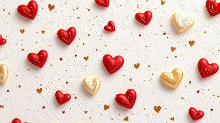 Pattern of gold and red hearts on soft white texture background, space in center for messagesの素材