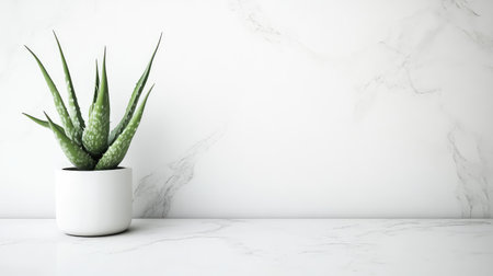 Potted aloe vera on bathroom counter with white tiles and empty wall for design or message layoutの素材