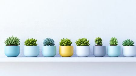 Set of small colorful pots with succulents arranged in row on bright shelf, background with clean copy spaceの素材