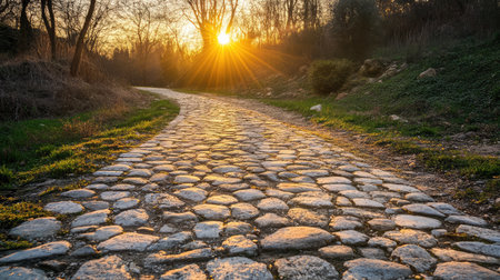 Soft rays of sunlight casting gentle patterns on the surface of a stone pathway, with open space for text or graphic design in the centerの素材
