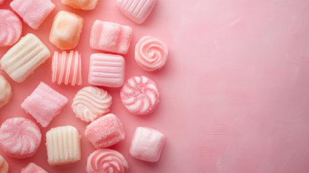 Soft pastel candy background in shades of pink and peach, smooth texture and gentle light, creating a sweet and romantic mood with ample copy spaceの素材
