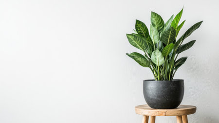 ZZ plant in stylish black pot on wooden stool with clean white wall, perfect copy space for eco or home living themesの素材