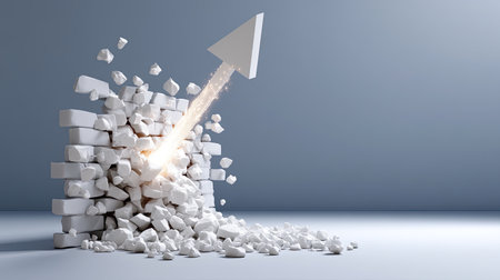 An arrow bursts through a wall of white blocks, symbolizing the power of overcoming obstacles, achieving goals, and driving success in any endeavor or project.の素材